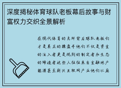 深度揭秘体育球队老板幕后故事与财富权力交织全景解析